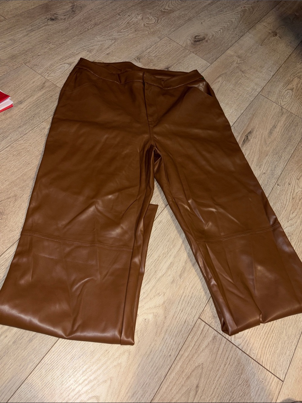 Style Rack Faux Leather Straight-Leg Pants in Cognac Brown